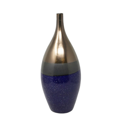 Ceramic Sleek Neck Vase with Open Mouth and Tapered Bottom, Large, Blue and Copper