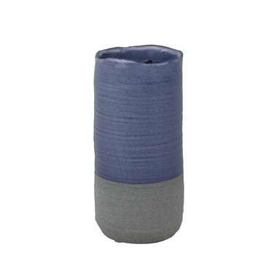 Ceramic Two Toned Vase with Irregular Mouth Rim and Round Bottom, Gray and Blue