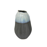 Ceramic Two Toned Vase with Titled Mouth Rim and Bottom, Small, Blue and Gray