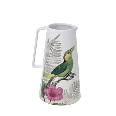 Polyresin Bird and Flower Printed Pitcher Vase with Small Mouth Opening, Multicolor