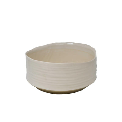 Ceramic Bowl Shape Planter with Irregular Mouth Rim and Round Base, White