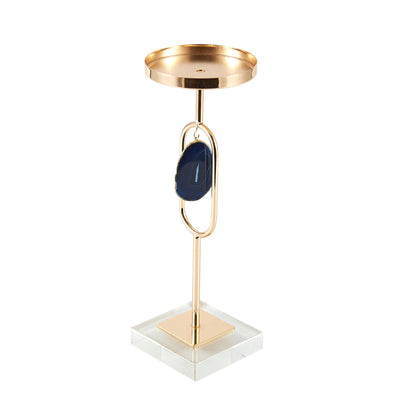 Metal Candle Holder with Agate Stone Accent On Square Stand and Wide Circular Top, Copper