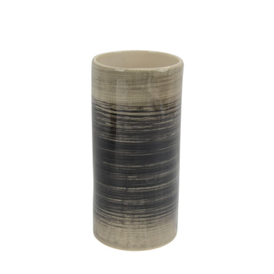 Cylindrical Shape Ceramic Vase with Horizontal Line Texture, Gray and Beige