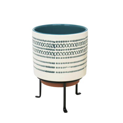 Aesthetic Ceramic Planter on Stand with Cylindrical Body, White