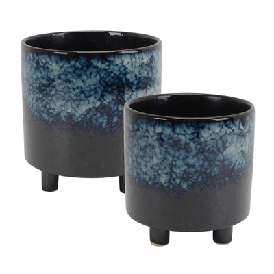 Ceramic Footed Planters with Cylindrical Shape, Blue, Set of Two