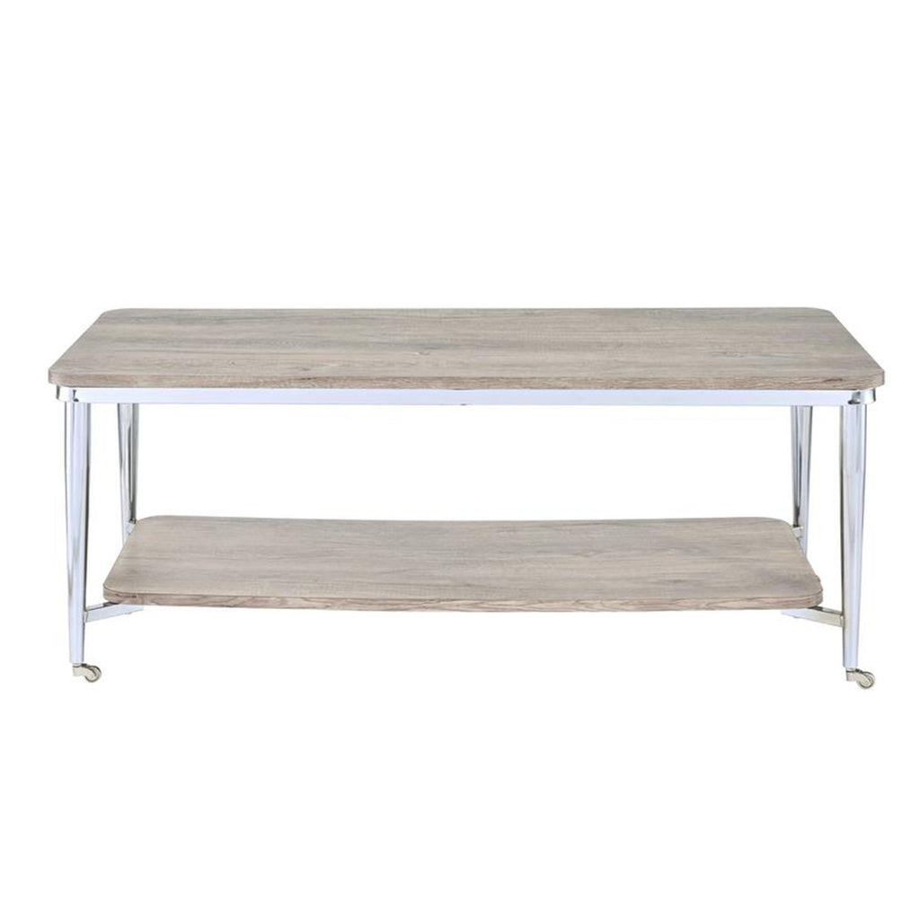 Wooden Rectangular Coffee Table with Open Bottom Shelf and Caster Legs, Oak Brown and Silver