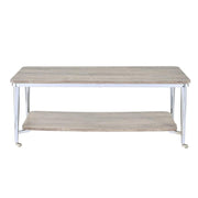 Wooden Rectangular Coffee Table with Open Bottom Shelf and Caster Legs, Oak Brown and Silver