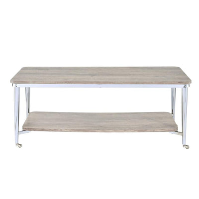 Wooden Rectangular Coffee Table with Open Bottom Shelf and Caster Legs, Oak Brown and Silver