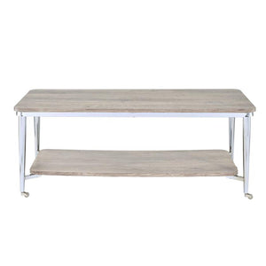 Wooden Rectangular Coffee Table with Open Bottom Shelf and Caster Legs, Oak Brown and Silver