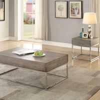 Wooden Rectangular Coffee Table with Metal Geometric Open Base, Silver and Gray