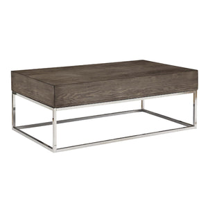 Wooden Rectangular Coffee Table with Metal Geometric Open Base, Silver and Gray