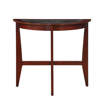 Wooden Half Moon Shaped Console Table with Beveled Tempered Glass Top, Espresso Brown and Clear