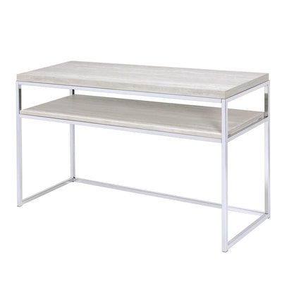 Rectangular Wooden Sofa Table with Open Shelf and Metal Sled Base, White and Silver