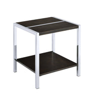 Wooden Square End Table with Metal Legs and Open Bottom Shelf, Espresso Brown and Silver