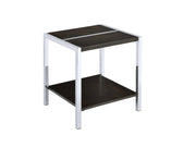 Wooden Square End Table with Metal Legs and Open Bottom Shelf, Espresso Brown and Silver