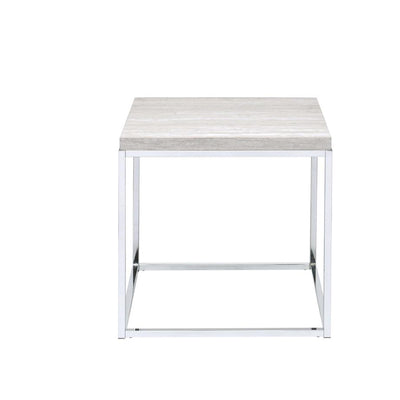 Modern Style Metal Square End Table with Wooden Top, Gray and Silver