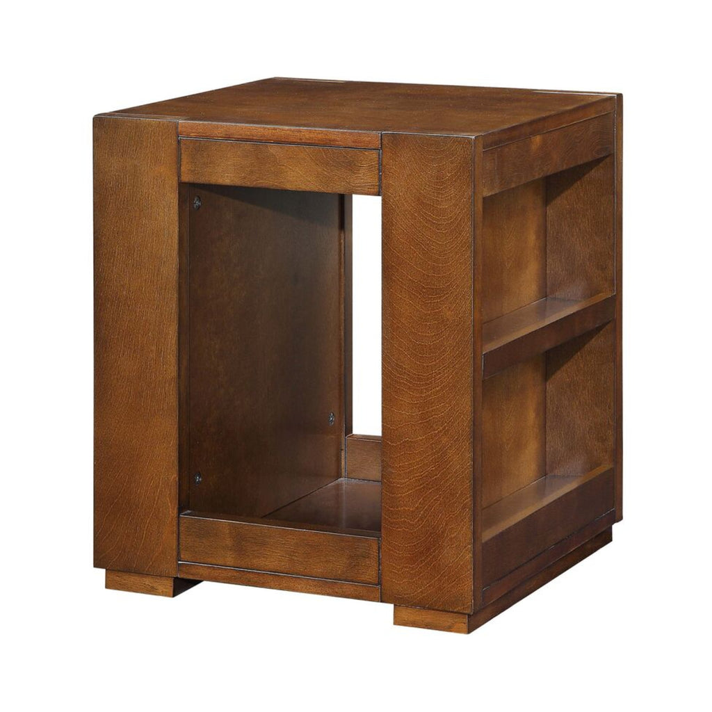 Contemporary Style Wood Veneer Square End Table with Side Magazine Rack, Espresso Brown