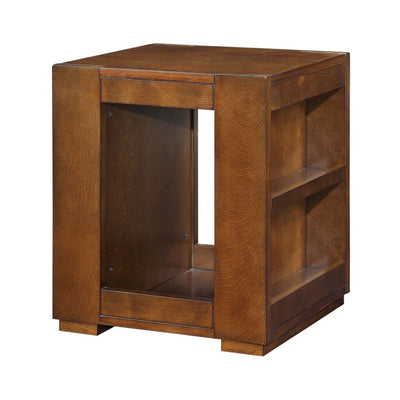 Contemporary Style Wood Veneer Square End Table with Side Magazine Rack, Espresso Brown