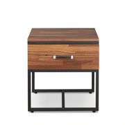 Metal Frame Rectangular End Table with Wooden Drawer, Walnut Brown and Black
