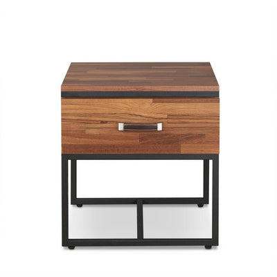 Metal Frame Rectangular End Table with Wooden Drawer, Walnut Brown and Black