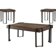 Industrial Style Wood and Metal Coffee End Table Set, Black and Brown, Pack of 3