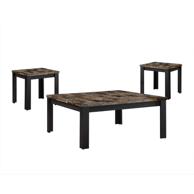 Transitional Style Wood and Faux Marble Coffee End Table Set, Black and Brown, Pack of 3