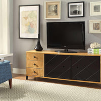 Rectangular Three Drawers Wooden TV Console with Sliding Door Storage, Natural Brown and Black