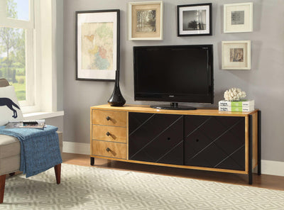 Rectangular Three Drawers Wooden TV Console with Sliding Door Storage, Natural Brown and Black