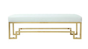 Rectangular Faux Leather Upholstered Bench with Stainless Steel Base, White and Gold