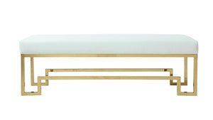 Rectangular Faux Leather Upholstered Bench with Stainless Steel Base, White and Gold
