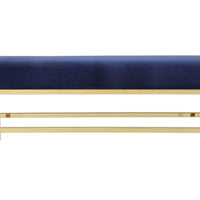 Rectangular Velvet Upholstered Bench with Stainless Steel Base, Blue and Gold