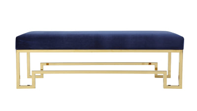 Rectangular Velvet Upholstered Bench with Stainless Steel Base, Blue and Gold