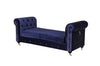 Velvet Upholstered Wooden Bench with Button Tufting and Nail Head Trim, Blue and Gold