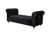 Velvet Upholstered Wooden Bench with Button Tufting and Nail Head Trim, Black and Gold