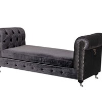 Velvet Upholstered Bench with Nail Head Trim and Steel Casters, Dark Gray and Silver
