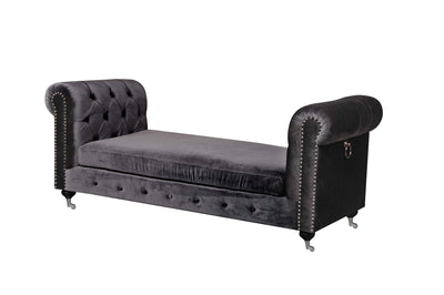 Velvet Upholstered Bench with Nail Head Trim and Steel Casters, Dark Gray and Silver