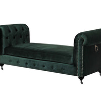 Velvet Upholstered Bench with Nail Head Trim and Steel Casters, Green and Silver