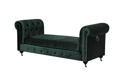 Velvet Upholstered Bench with Nail Head Trim and Steel Casters, Green and Silver