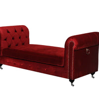 Velvet Upholstered Bench with Nail Head Trim and Steel Casters, Red and Silver