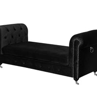 Velvet Upholstered Bench with Nail Head Trim and Steel Casters, Black and Silver