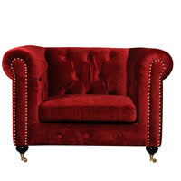 Fabric Upholstered Wooden Sofa Chair with Nail Head Trim and Steel Casters, Red
