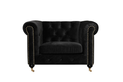 Fabric Upholstered Wooden Sofa Chair with Nail Head Trim and Steel Casters, Black
