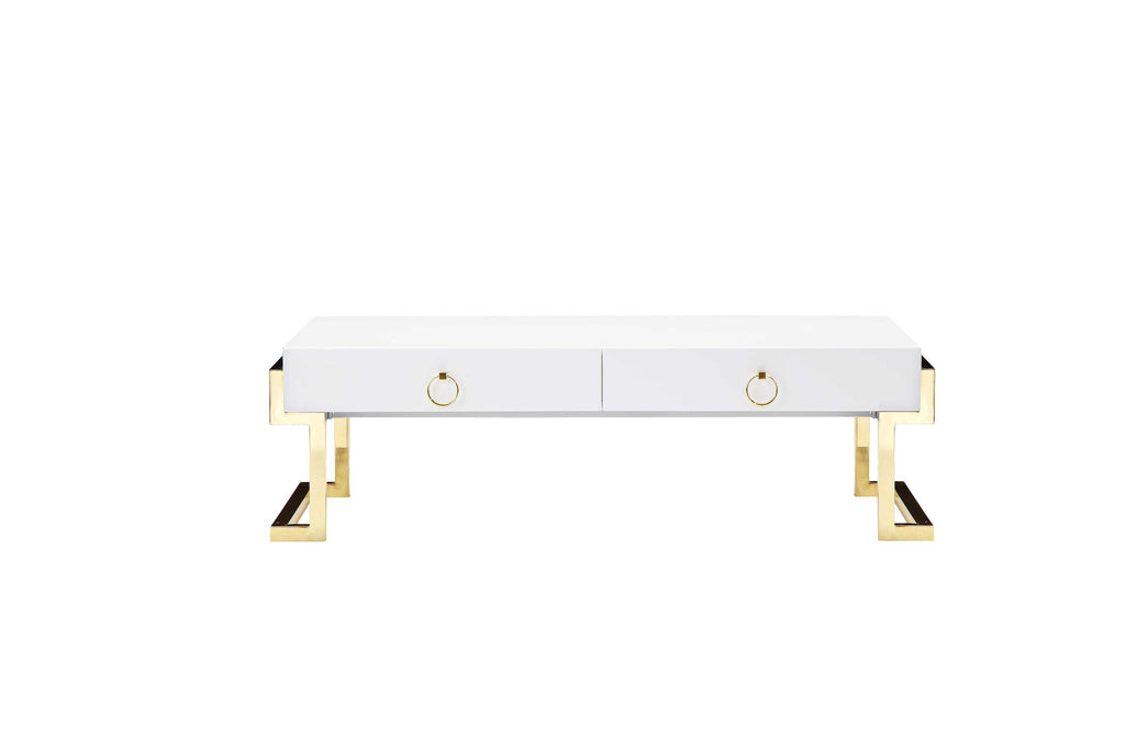 Wooden Coffee Table with Two Drawers and Stainless Steel Legs, White and Gold