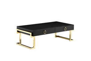 Wooden Coffee Table with Two Drawers and Stainless Steel Legs, Black and Gold