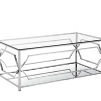 Glass Rectangular Coffee Table with Metal Open Geometric Design Base, Silver and Clear