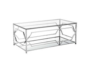 Glass Rectangular Coffee Table with Metal Open Geometric Design Base, Silver and Clear