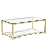 Glass Coffee Table with Geometric Metal Base and Open Shelf, Gold and Clear
