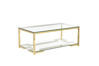 Glass Coffee Table with Geometric Metal Base and Open Shelf, Gold and Clear