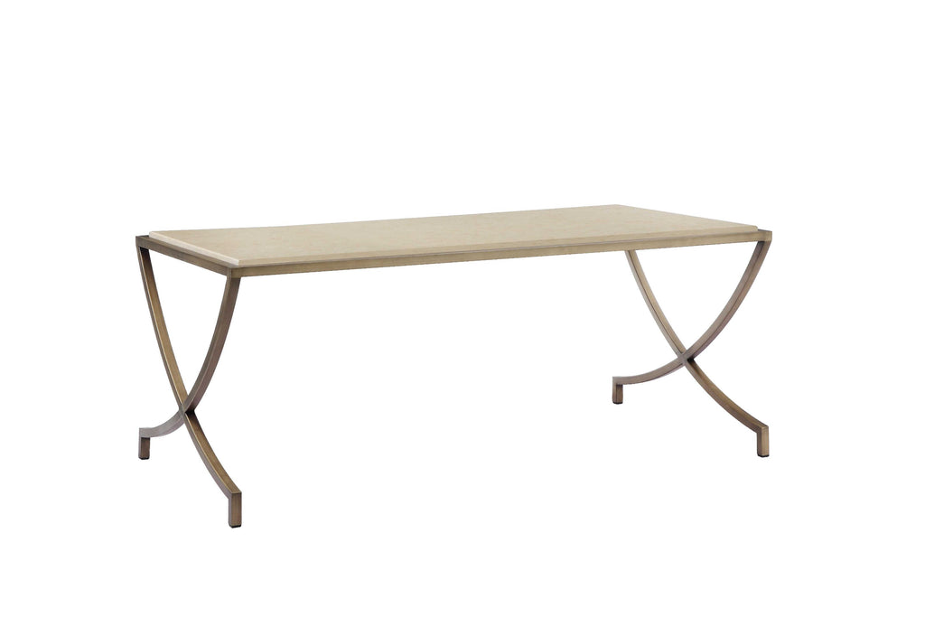 Marble Coffee Table with Metal X Style Curved Legs, Gold and Beige