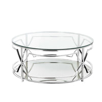 Glass Round Coffee Table with Metal Open Geometric Design Base, Silver and Clear